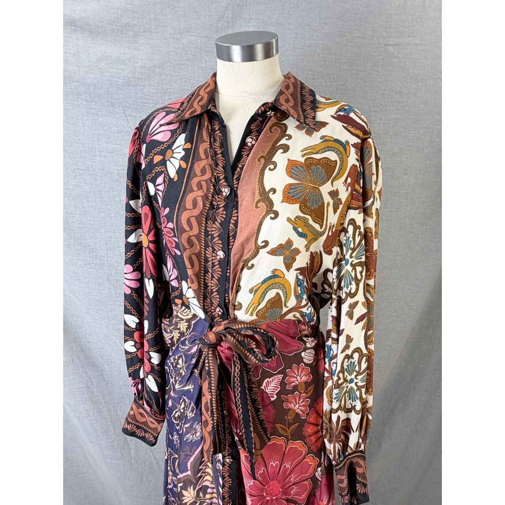 FARM Rio Mixed Floral Patchwork Print Tie Waist Long Sleeve Maxi Dress M - Picture 3 of 14